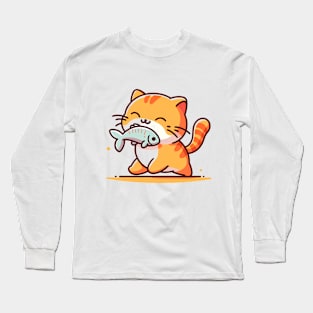 Joyful Feline The Happy Cat and Fish Illustration Long Sleeve T-Shirt